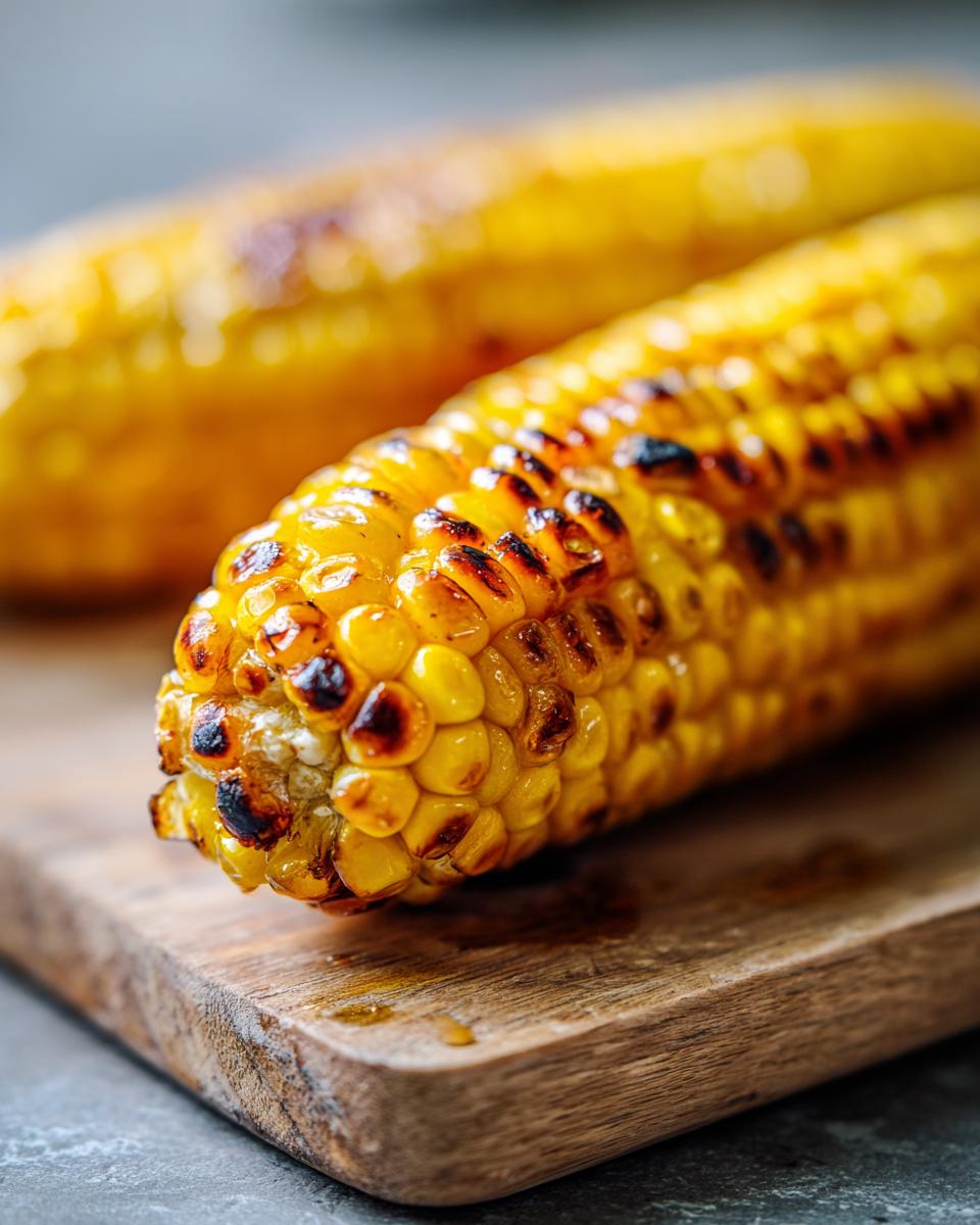 Close-up of two ears of Ultimate Memorial Day Oven Roasted Corn On The Cob, slightly charred and glistening.