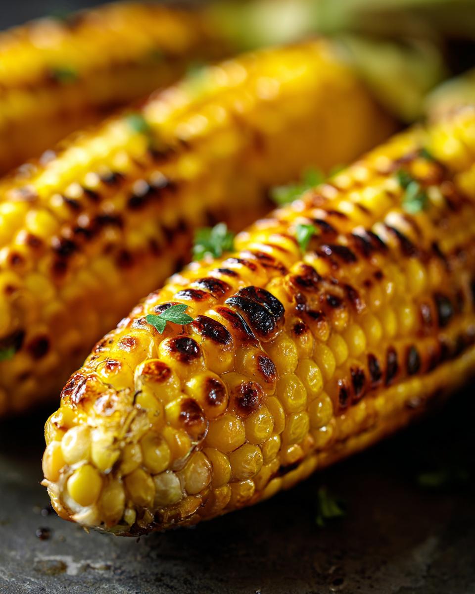Close-up of perfectly roasted corn on the cob with grill marks and sprinkled parsley.