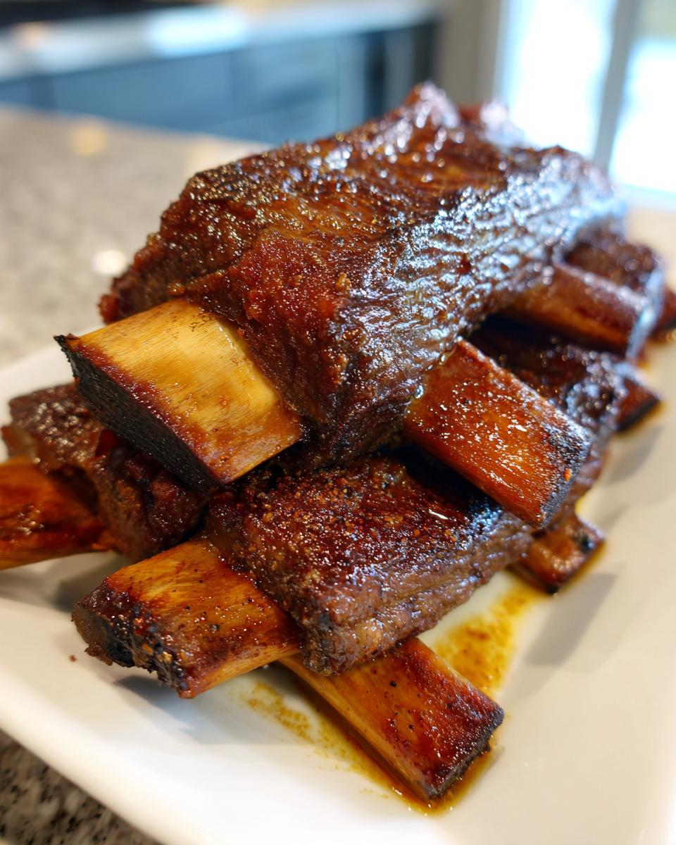 A close-up of a stack of glazed, Ultimate Smoked Beef Short Ribs on a white plate.