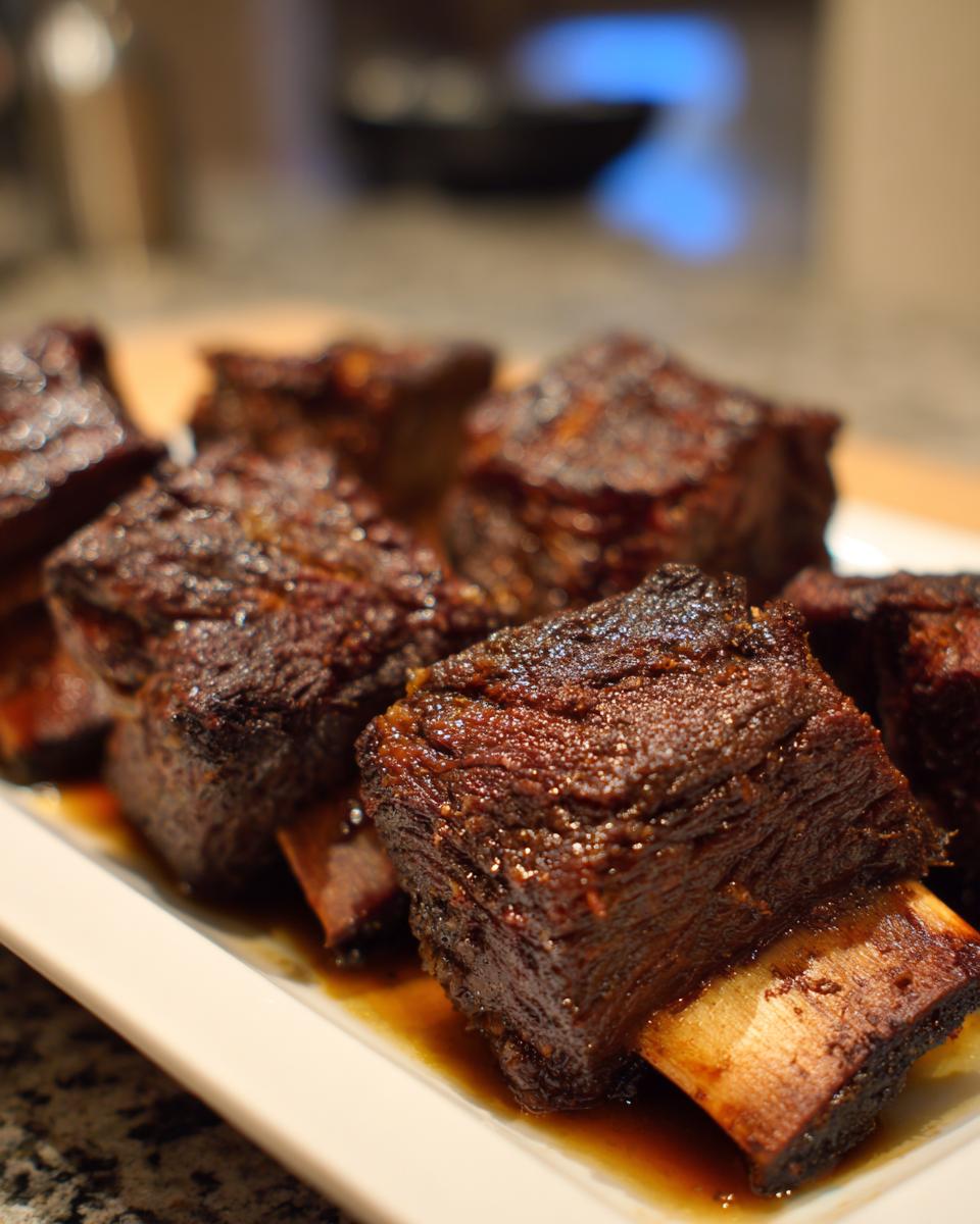 Close-up of Ultimate Smoked Beef Short Ribs, glistening with sauce on a white platter.