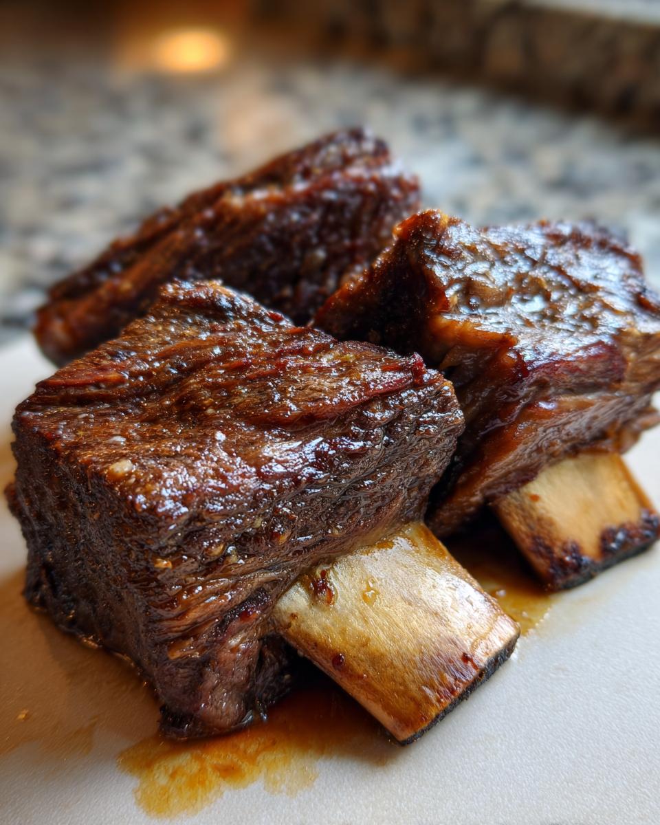 Close-up of three Ultimate Smoked Beef Short Ribs, glistening with sauce and showing tender meat.
