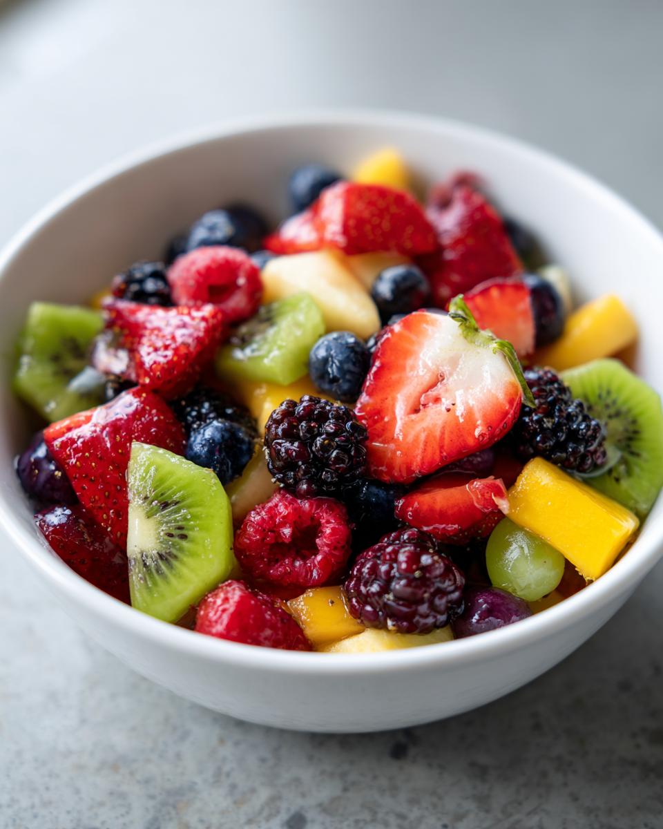 A close-up of a white bowl filled with a Vibrant Fresh Fruit Salad For Memorial Day Brunch Delight, featuring strawberries, blueberries, raspberries, blackberries, kiwi, mango, and grapes.
