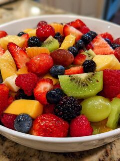 A close-up of a white bowl filled with a Vibrant Fresh Fruit Salad, featuring strawberries, blueberries, kiwi, grapes, raspberries, and mango.
