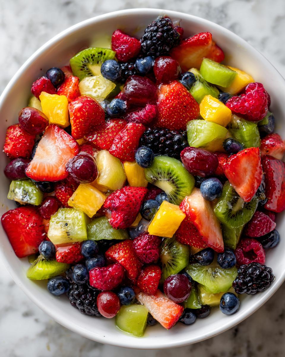 A close-up overhead view of a Vibrant Fresh Fruit Salad For Memorial Day Brunch, brimming with strawberries, blueberries, kiwi, mango, and blackberries.
