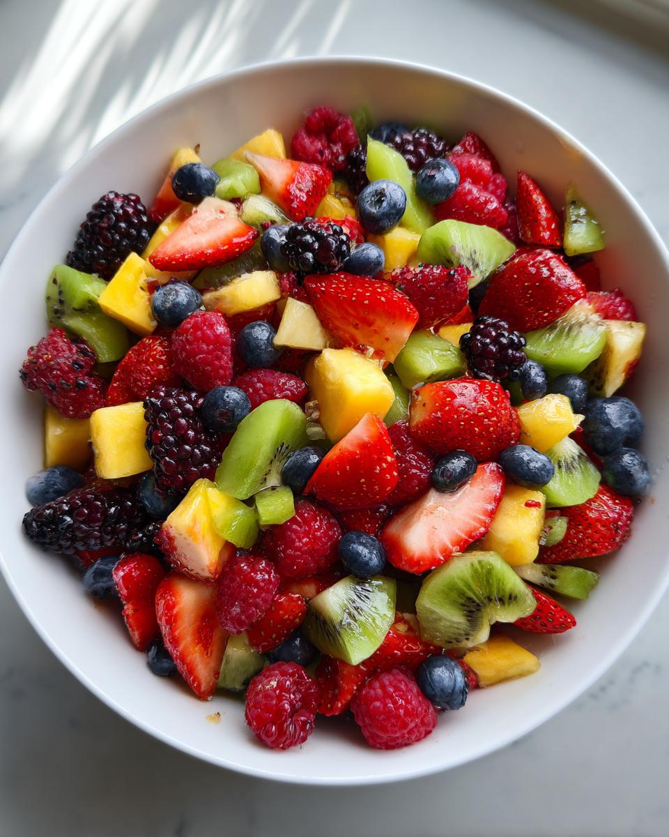 A close-up of a white bowl filled with a Vibrant Fresh Fruit Salad For Memorial Day Brunch Delight, featuring strawberries, blueberries, raspberries, blackberries, kiwi, and pineapple.