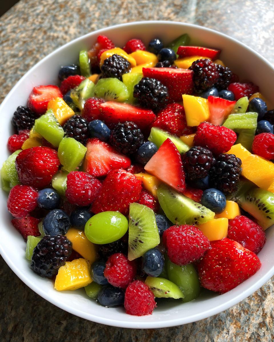 A close-up of a white bowl filled with a Vibrant Fresh Fruit Salad For Memorial Day Brunch Delight, featuring strawberries, blueberries, raspberries, blackberries, kiwi, mango, and grapes.