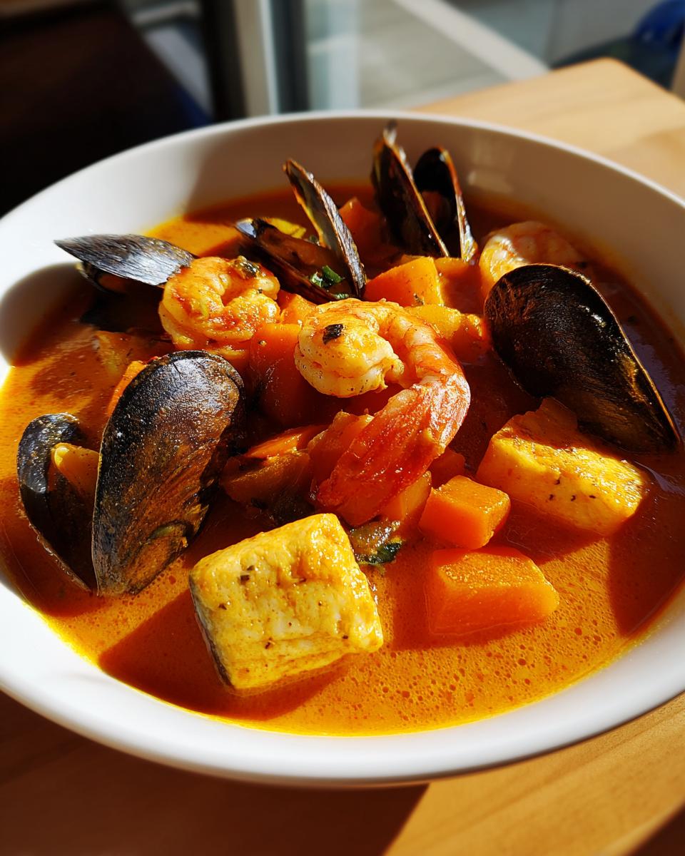 Close-up of a vibrant, orange-hued Bouillabaisse soup filled with mussels, shrimp, fish chunks, and squash.