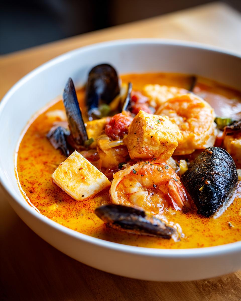 Close-up of a vibrant, orange-hued Bouillabaisse soup filled with shrimp, white fish chunks, and mussels in a white bowl.