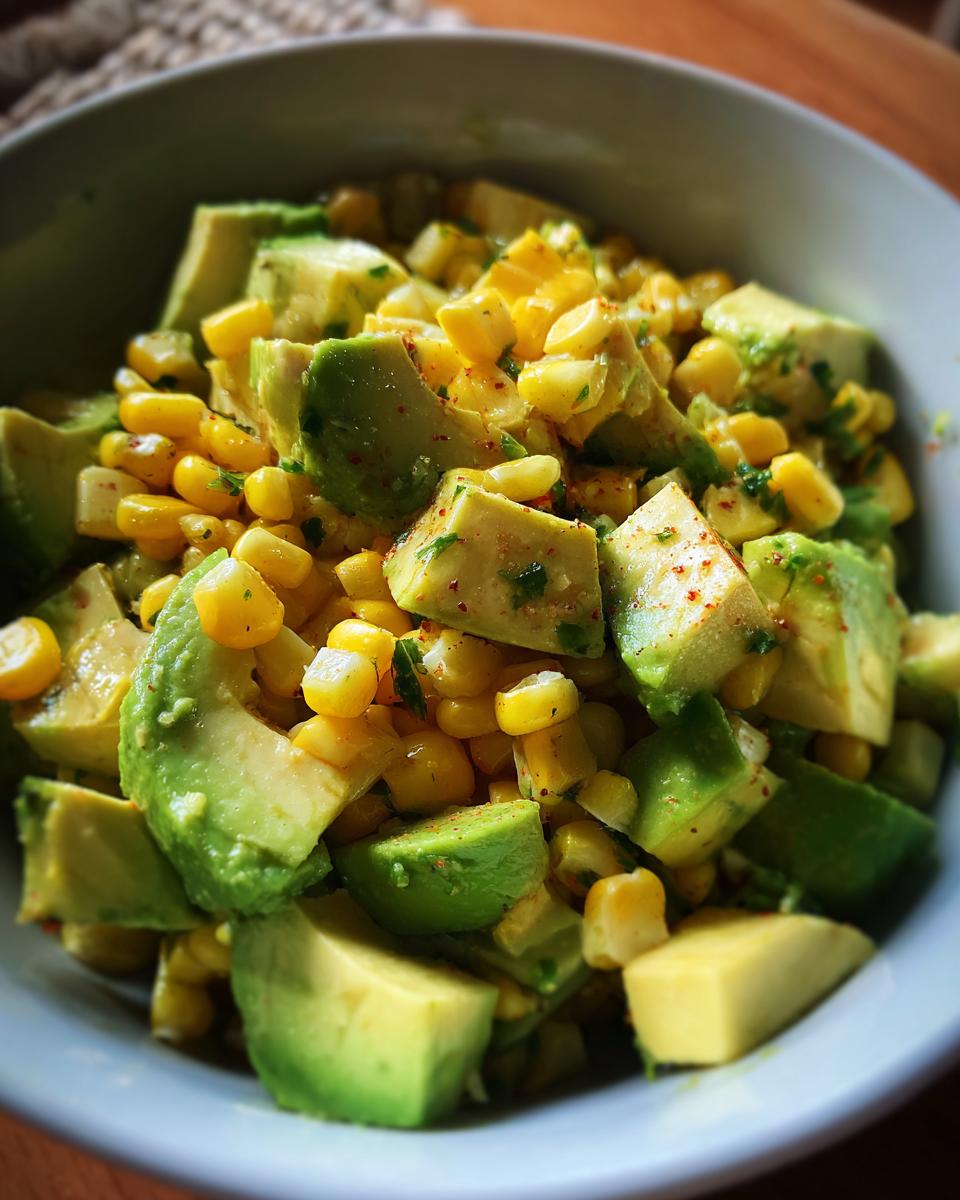 Close-up of a Zesty Avocado Corn Salad with chunks of avocado, corn kernels, and chopped cilantro, sprinkled with red pepper flakes.