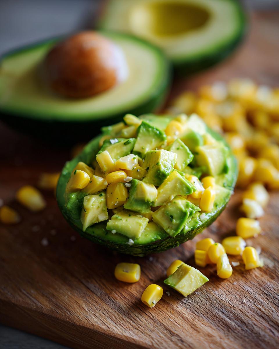 Zesty Avocado Corn Salad served in an avocado half, with corn kernels scattered on a wooden board.