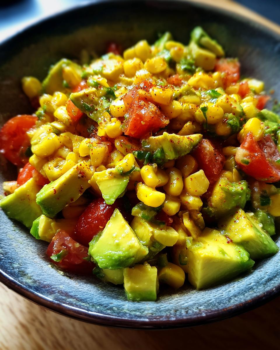 Close-up of Zesty Avocado Corn Salad with diced avocado, corn, tomatoes, and sprinkled spices in a bowl.