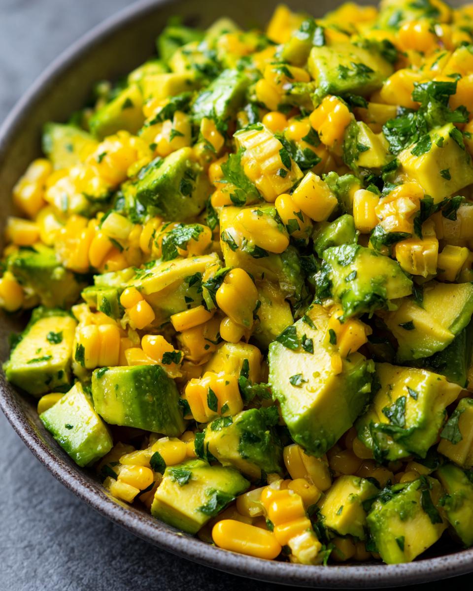 Close-up of a bowl filled with Zesty Avocado Corn Salad, featuring diced avocado, corn kernels, and chopped cilantro.