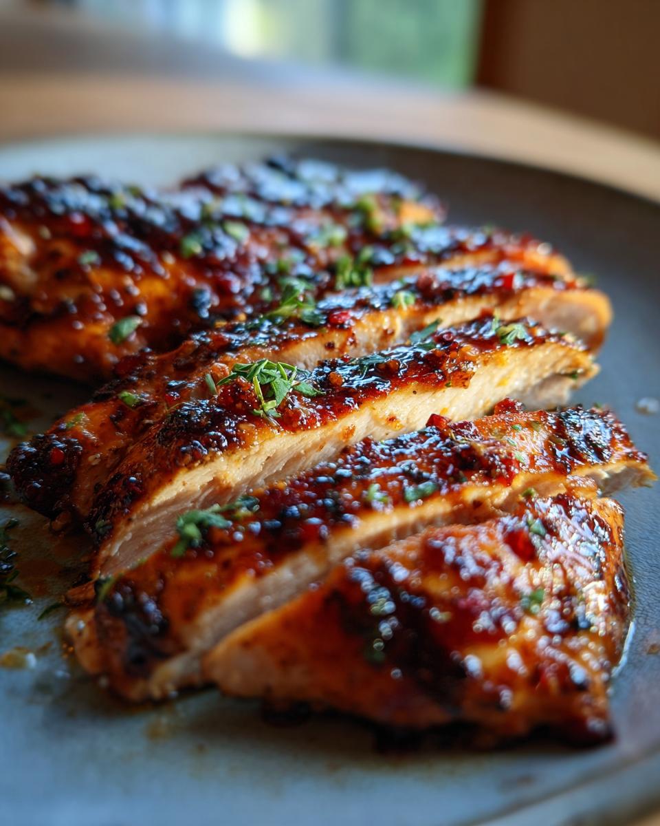 Close-up of sliced Zesty Chili Lime Chicken, glistening with a flavorful glaze and sprinkled with herbs.