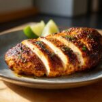 Close-up of sliced Zesty Chili Lime Chicken, seasoned and garnished with parsley, served with lime wedges.
