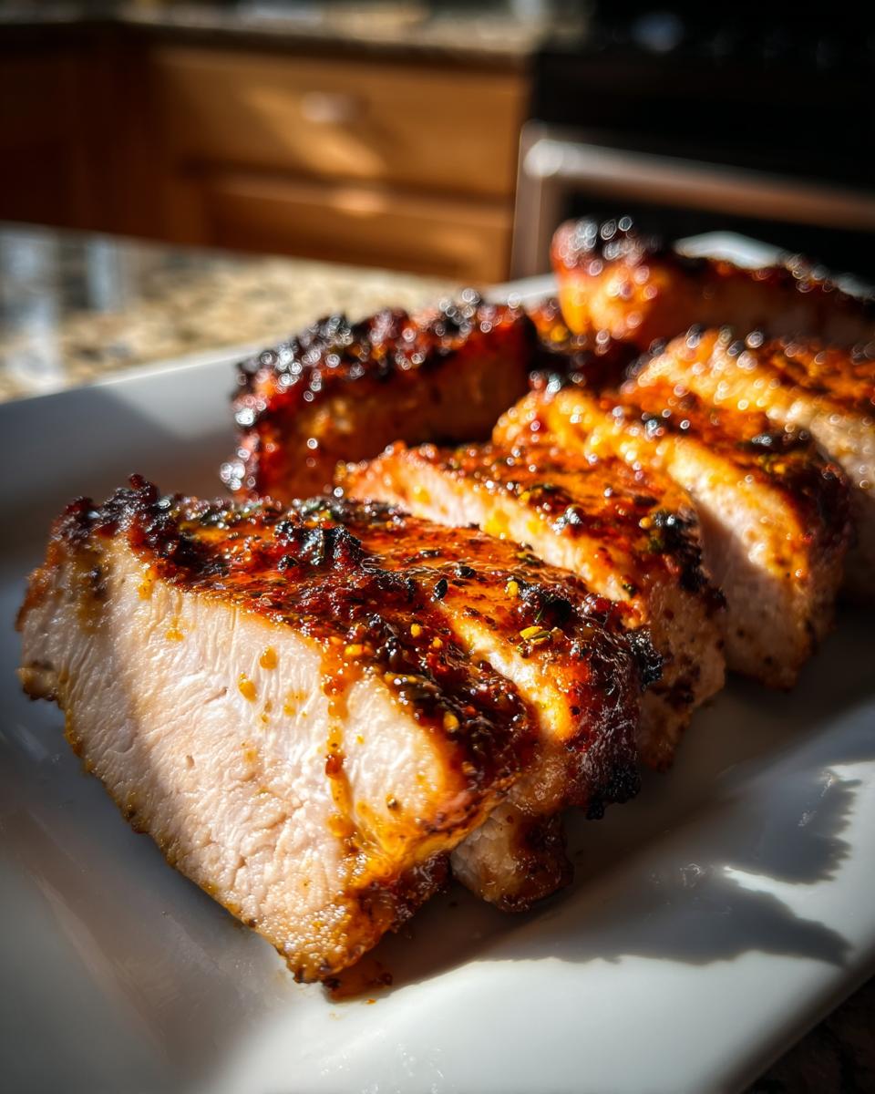 Close-up of juicy Zesty Chili Lime Chicken Recipe slices on a white plate, glistening with sauce.