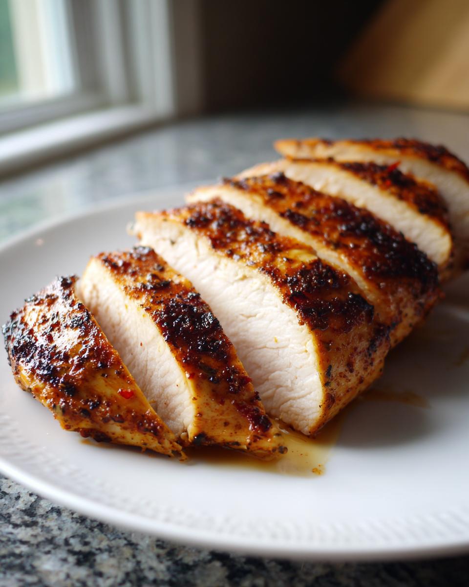 Close-up of sliced Zesty Chili Lime Chicken breast, showcasing juicy interior and seasoned crust.