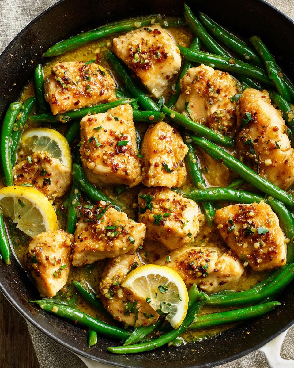 Close-up of Zesty Lemon Garlic Butter Chicken and Green Beans Skillet in a cast-iron pan, garnished with lemon slices and herbs.