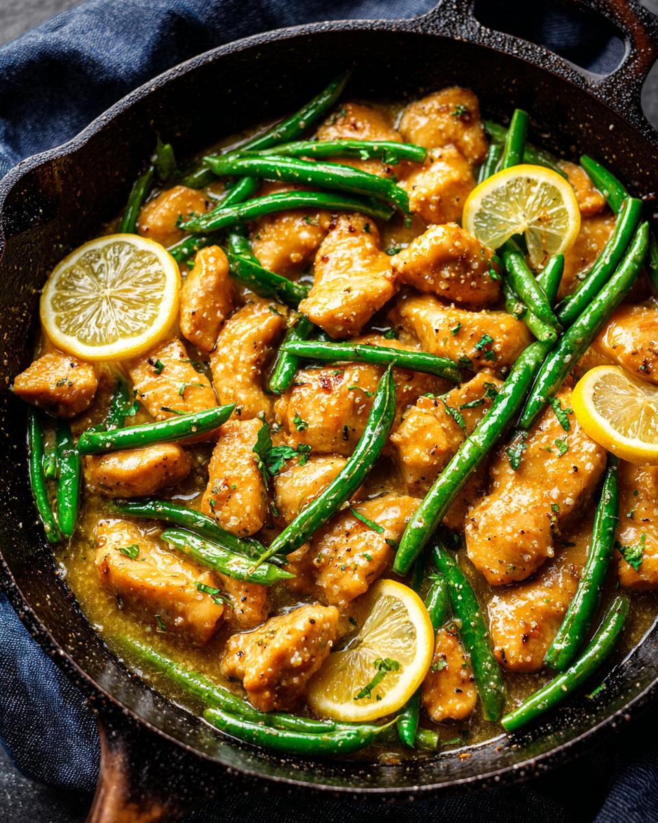 Close-up of Zesty Lemon Garlic Butter Chicken and Green Beans Skillet in a cast iron pan, garnished with lemon slices and parsley.