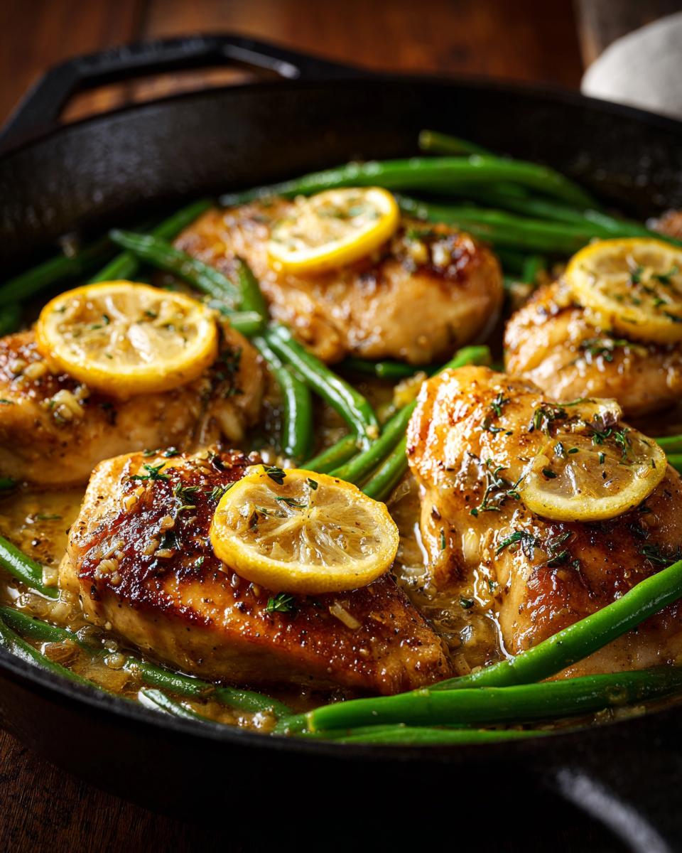Close-up of Zesty Lemon Garlic Butter Chicken and Green Beans Skillet in a cast-iron pan, topped with lemon slices and herbs.