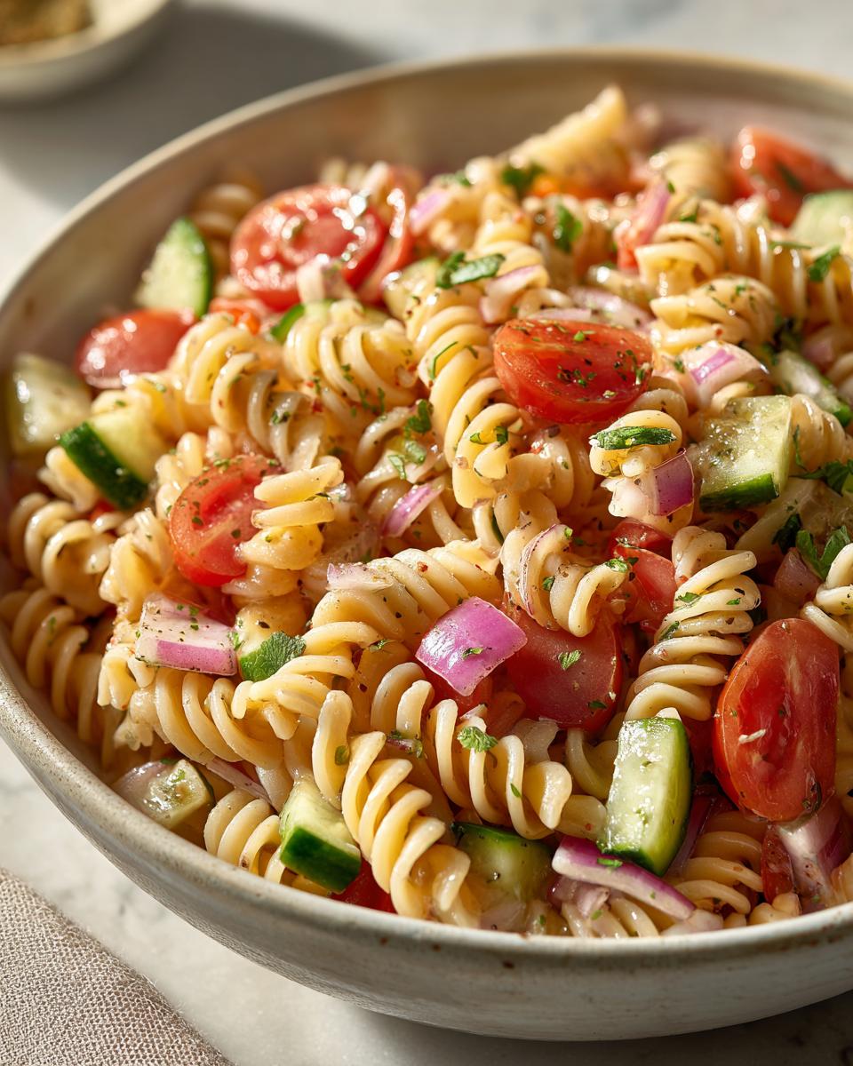 Close-up of a bowl filled with Zesty Pasta Salad With Italian Dressing Delight, featuring rotini pasta, cherry tomatoes, cucumber, and red onion.