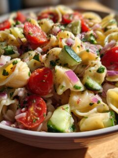 A close-up of a bowl filled with Zesty Pasta Salad featuring shell pasta, cherry tomatoes, cucumber, and red onion, tossed in Italian dressing.