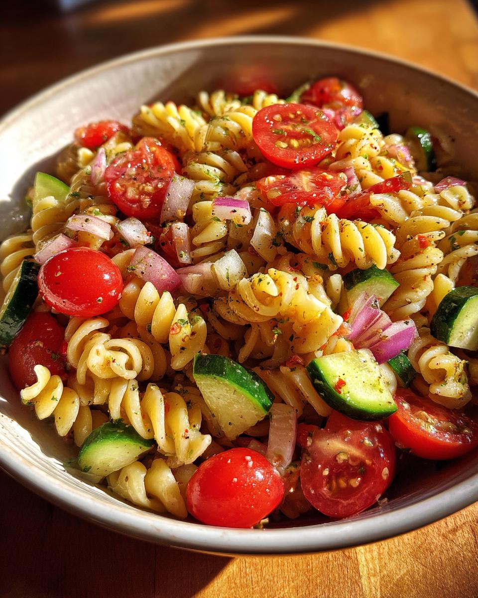 A bowl of Zesty Pasta Salad With Italian Dressing Delight, featuring fusilli pasta, cherry tomatoes, cucumber, and red onion.
