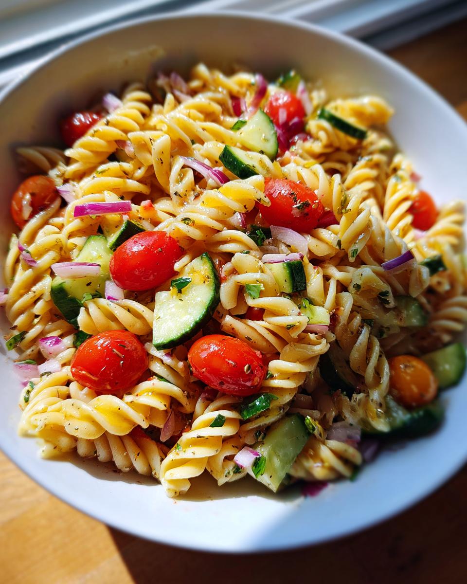 A close-up of a bowl filled with Zesty Pasta Salad With Italian Dressing Delight, featuring fusilli pasta, cherry tomatoes, cucumber, and red onion.