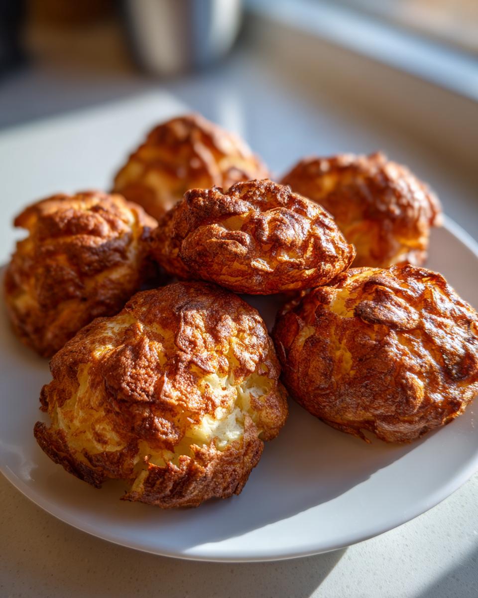 Zes goudbruine, luchtige aardappelpoffertjes op een witte schotel, ideaal als bijgerecht bij Crispy Air Fryer Smashed Potatoes.