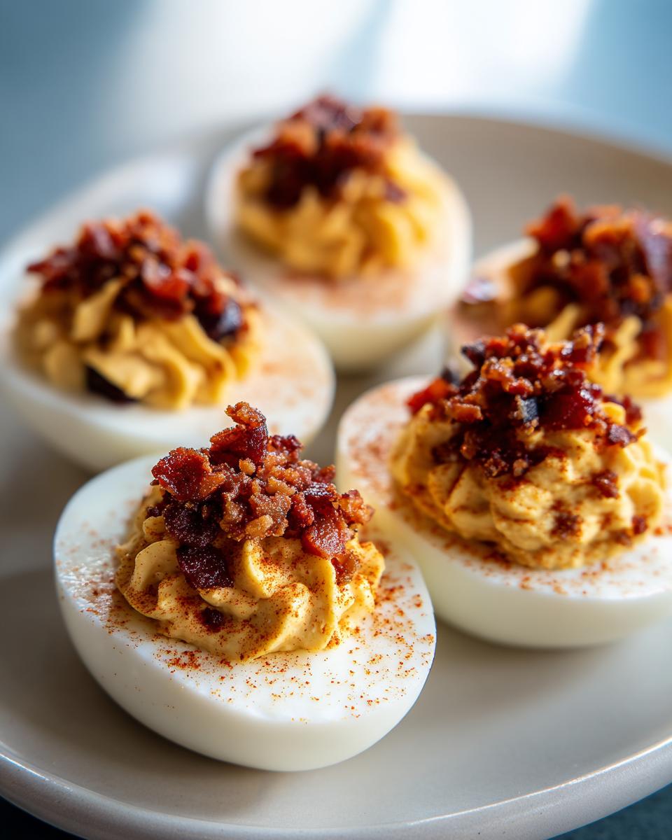Close-up van gevulde eieren met een romige vulling, gegarneerd met krokante bacon en paprikapoeder. Bacon en Olijven Gevulde Eieren.