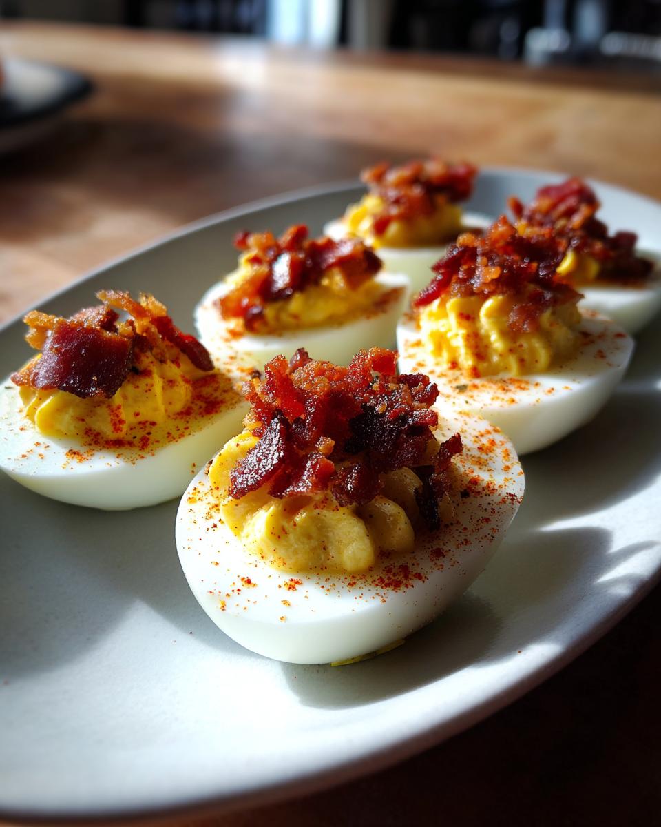 Gevulde eieren met een romige vulling, gegarneerd met krokante stukjes bacon. Bacon en olijven gevulde eieren.
