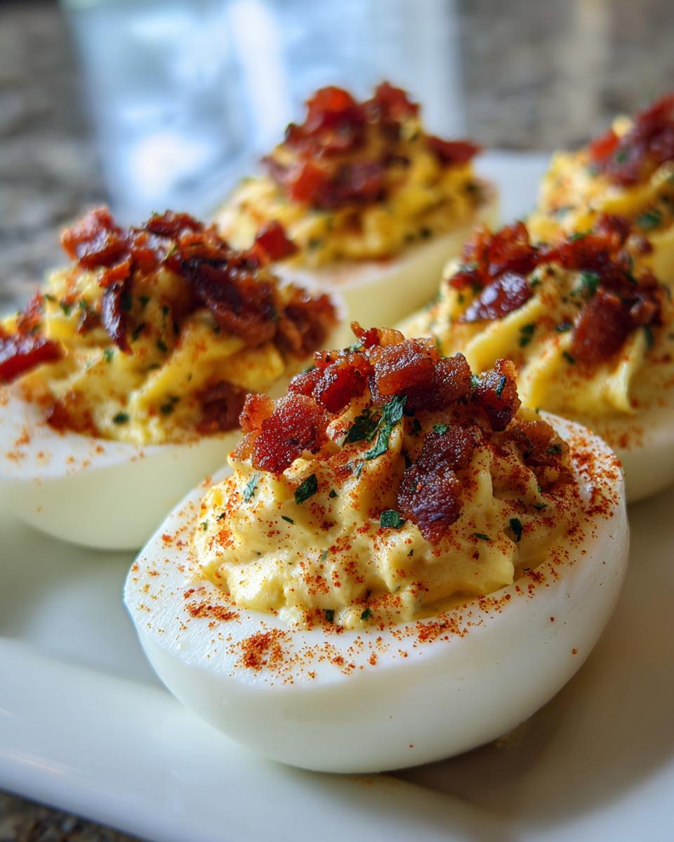 Drie gevulde eieren met een romige vulling, gegarneerd met krokante bacon en paprikapoeder.