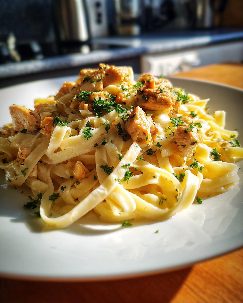 Close-up van een bord met romige Lemon Chicken Fettuccine, gegarneerd met stukjes kip en verse peterselie.