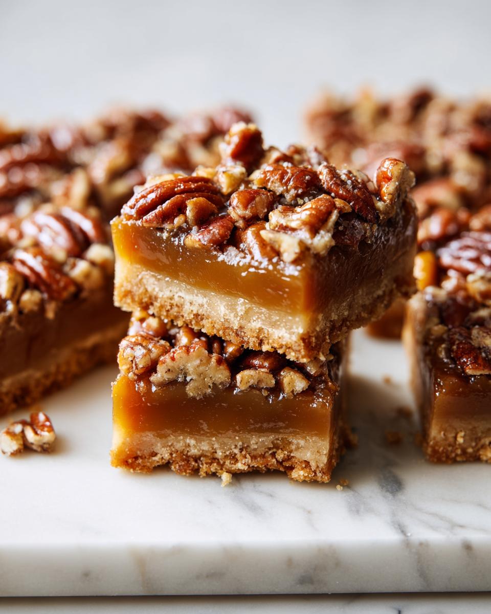 Twee gestapelde Caramel Pecan Pie Bars met een dikke karamellaag en pecannoten bovenop.