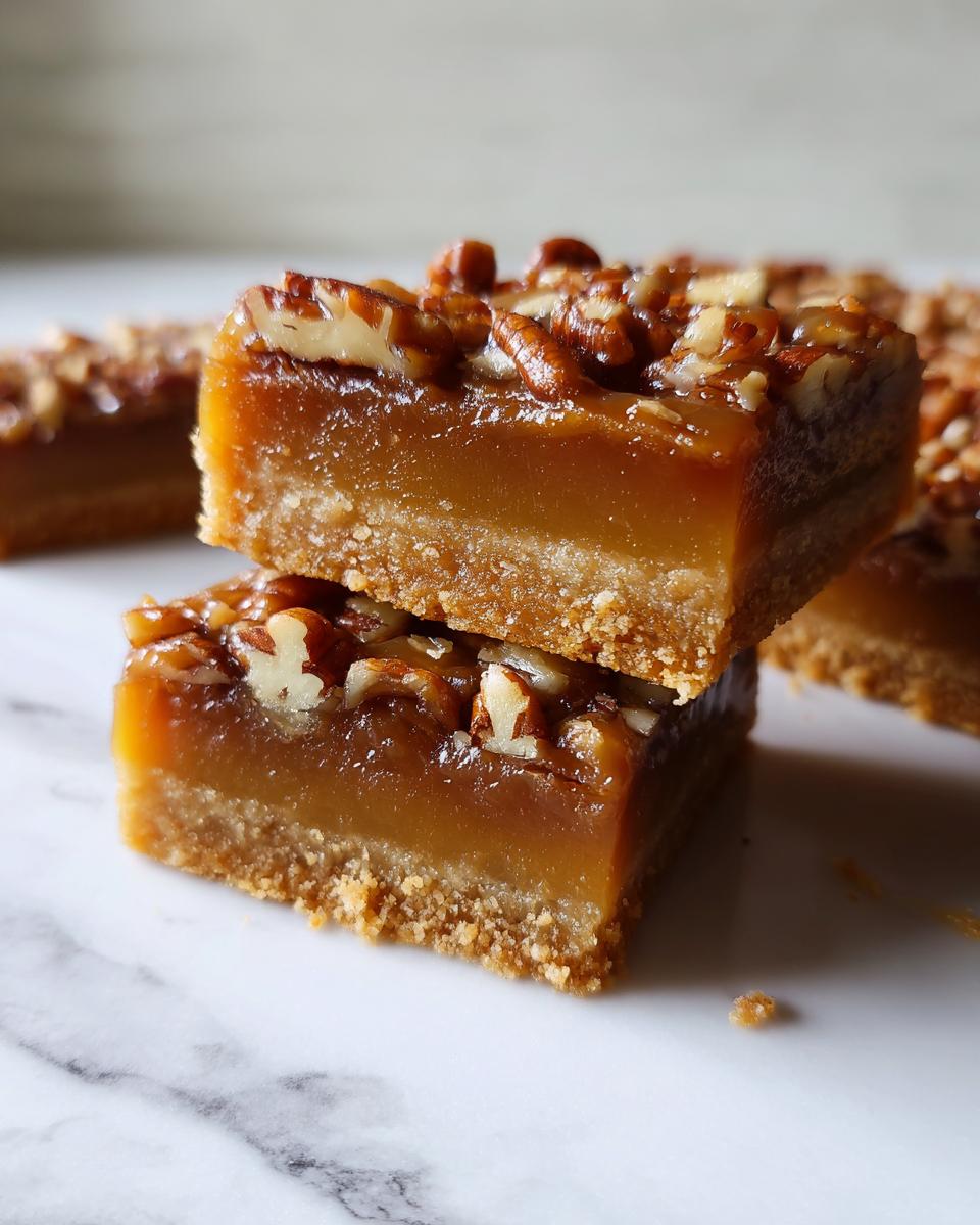 Twee gestapelde Caramel Pecan Pie Bars met een dikke karamellaag en pecannoten bovenop, op een marmeren ondergrond.