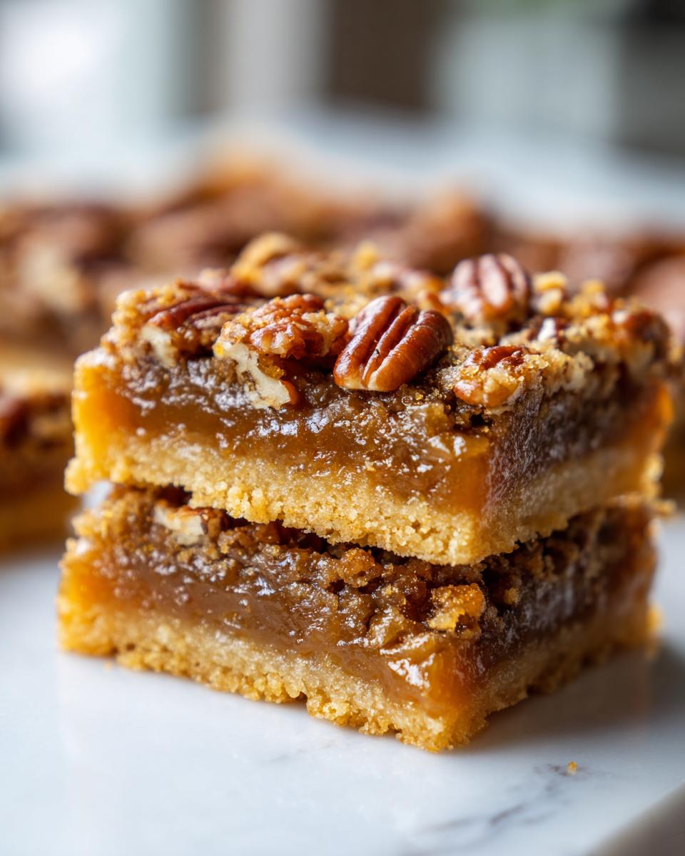 Twee gestapelde Caramel Pecan Pie Bars met een dikke karamellaag en pecannoten bovenop.