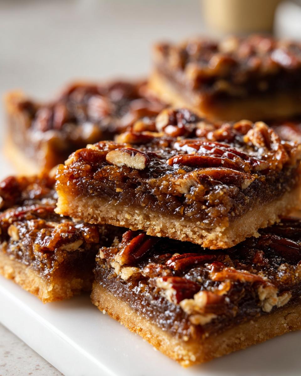 Drie gestapelde stukken Caramel Pecan Pie Bars met een dikke, glanzende karamelvulling en pecannoten bovenop een zandkoekbodem.