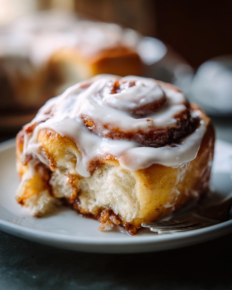 Een zachte, afgebeten Carrot Cake Cinnamon Roll met dik wit glazuur op een wit bord.