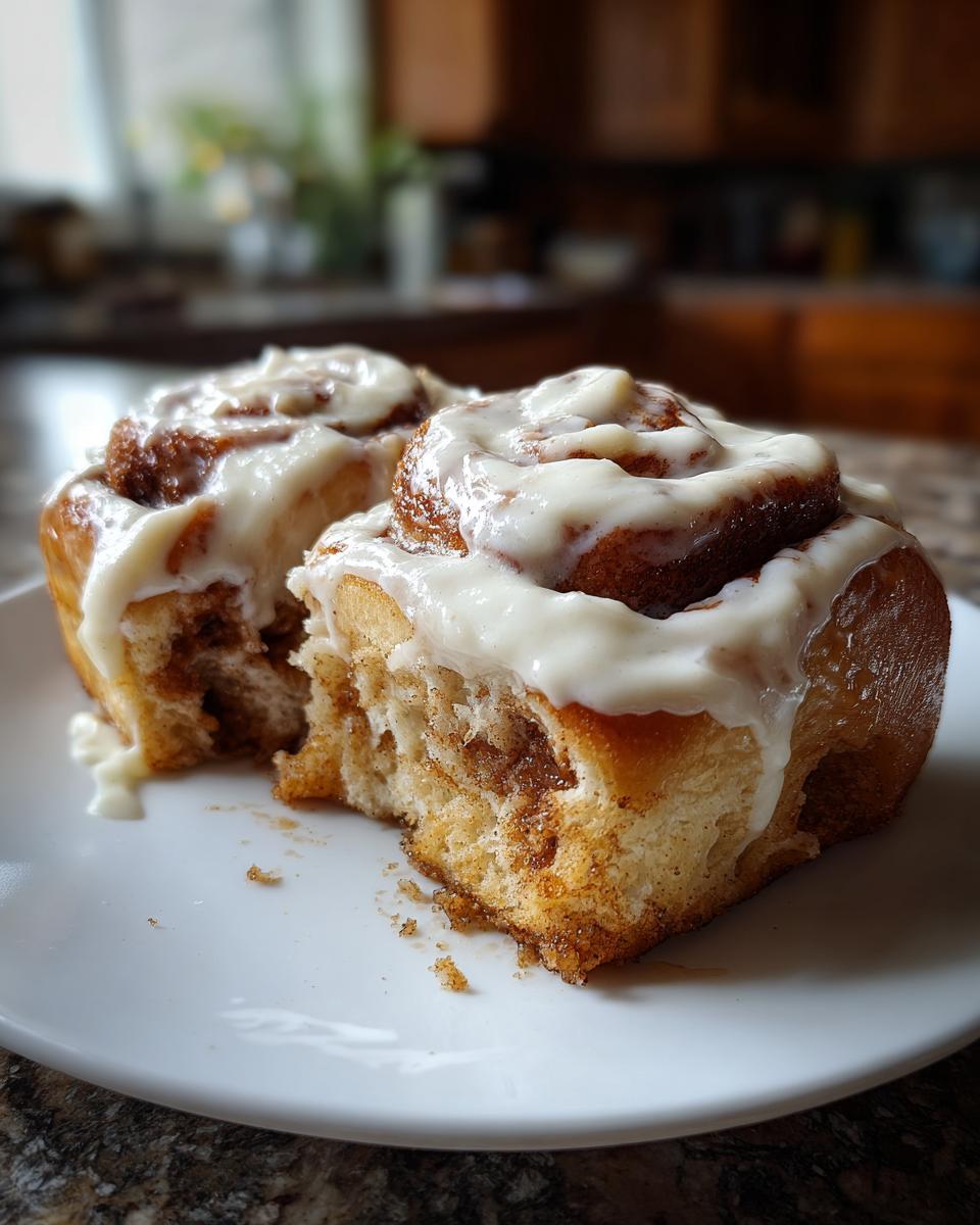 Twee zachte Carrot Cake Cinnamon Rolls met romig wit glazuur op een witte schotel.