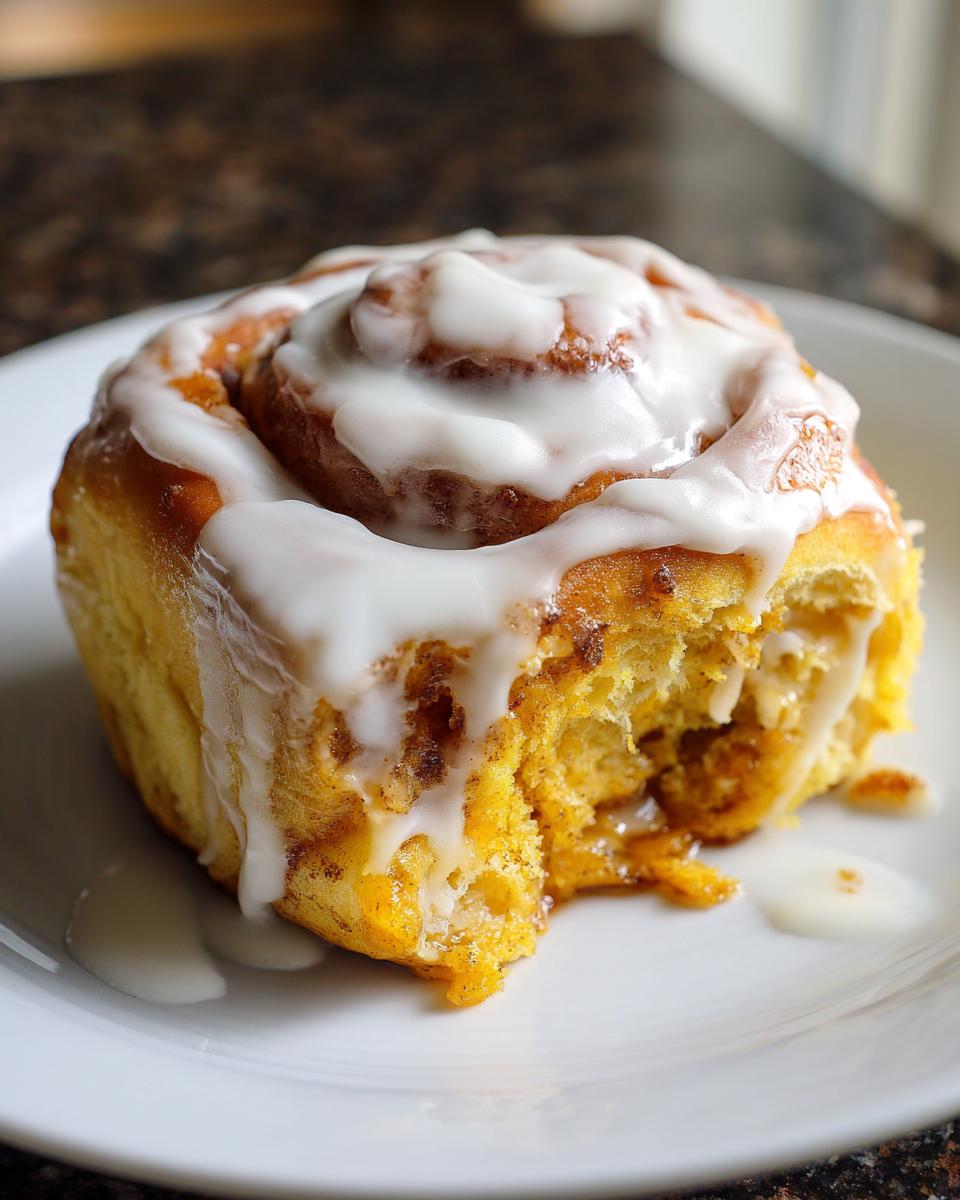 Close-up van een zachte Carrot Cake Cinnamon Roll met dikke witte glazuur op een wit bord.