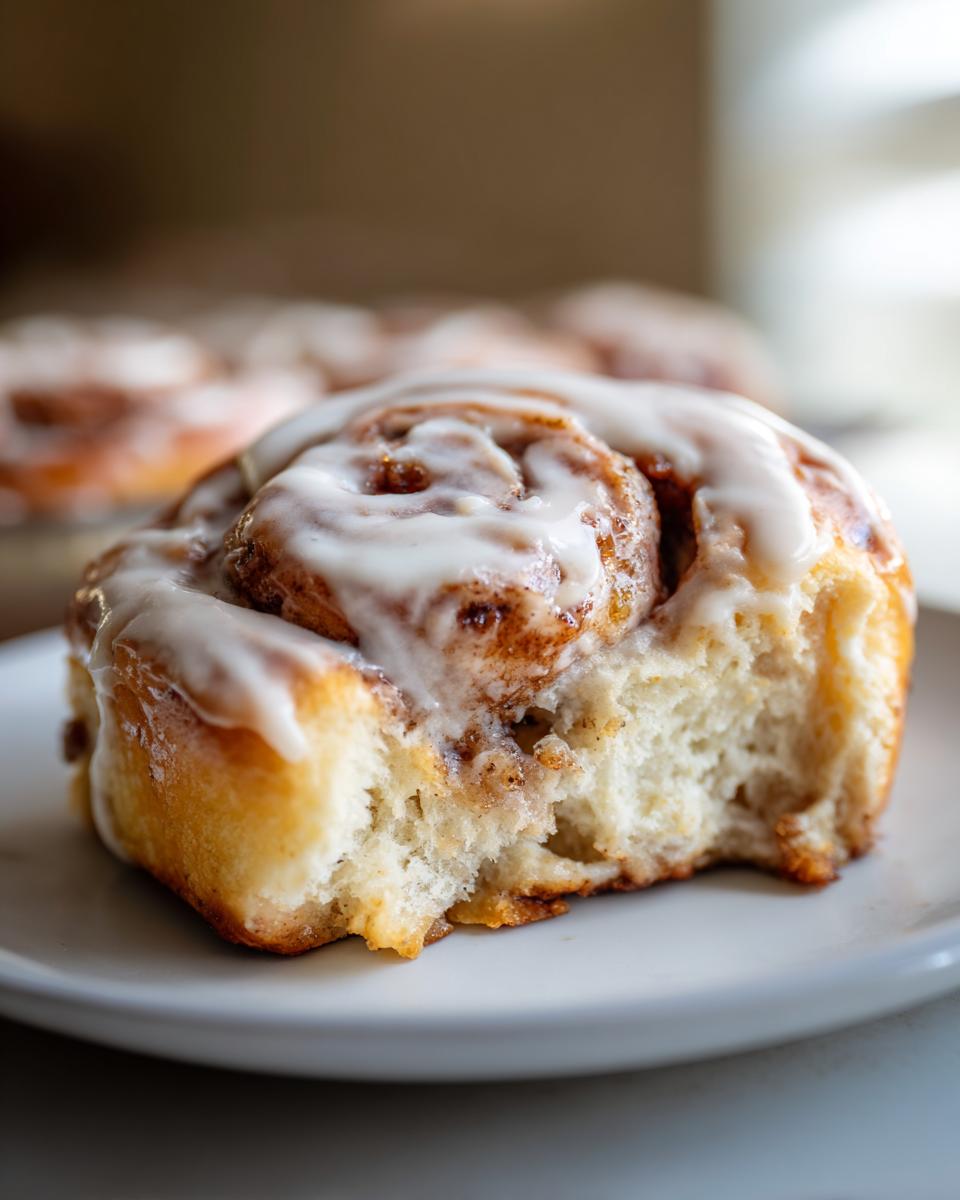 Close-up van een zachte Carrot Cake Cinnamon Roll met dikke laag wit glazuur, een hap genomen.
