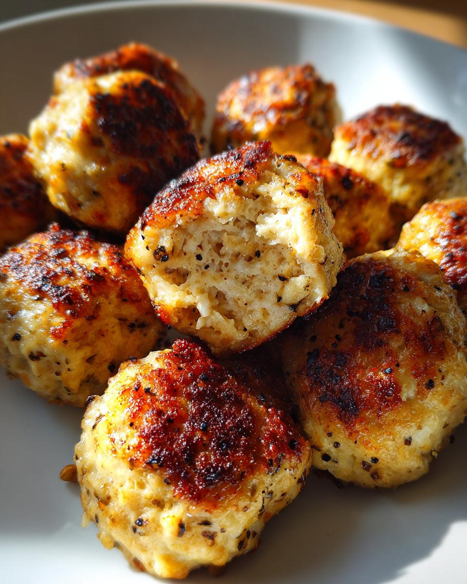 Close-up van een bord met goudbruin gebakken Cashew Chicken Meatballs, waarvan één doormidden is gesneden.