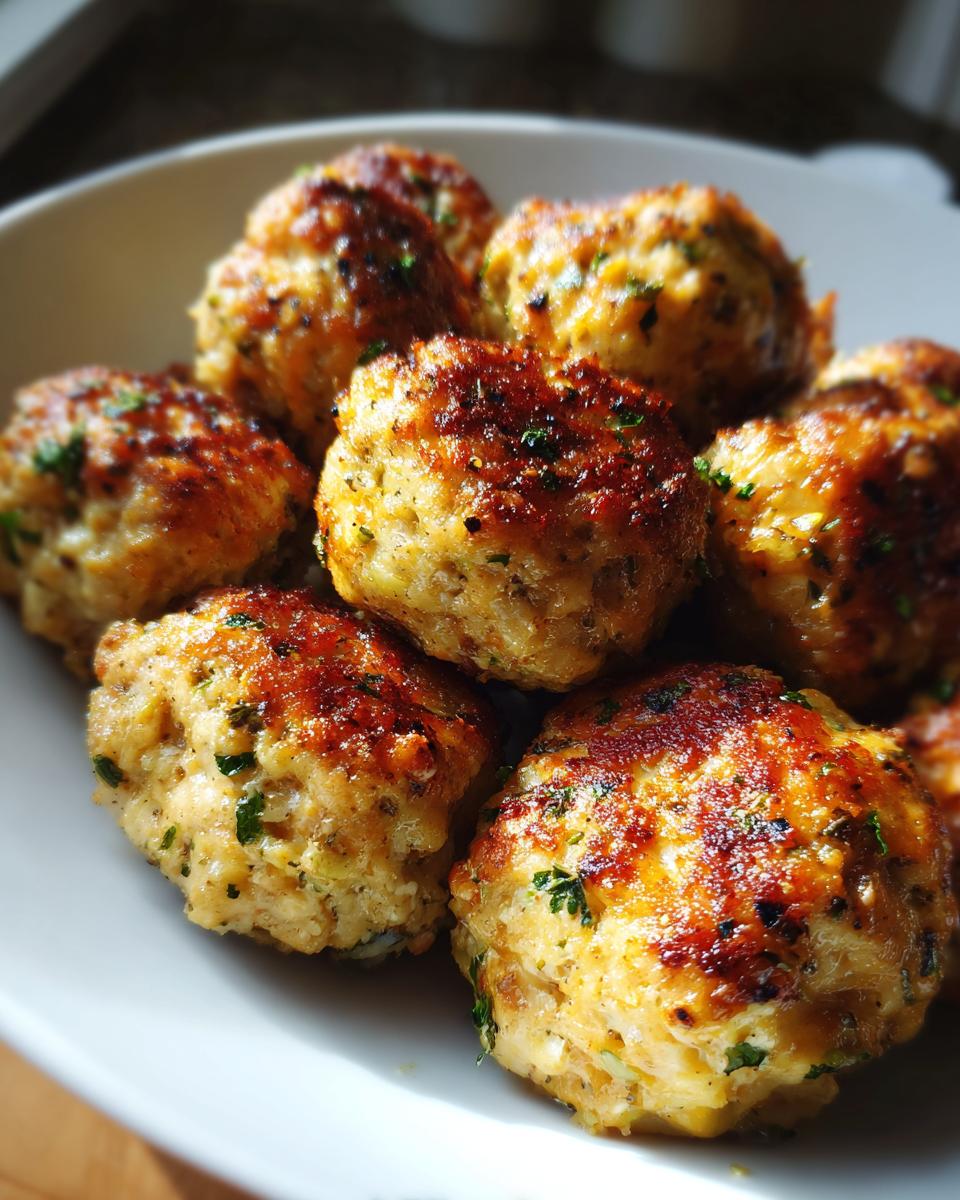 Close-up van goudbruin gebakken Cashew Chicken Meatballs, bestrooid met peterselie, geserveerd op een wit bord.