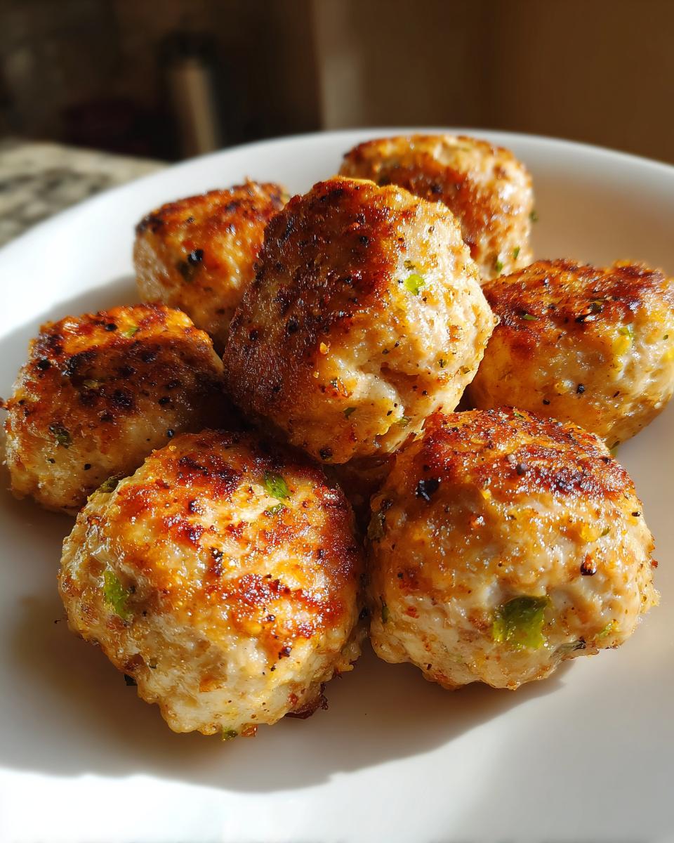 Close-up van een stapel goudbruin gebakken Cashew Chicken Meatballs op een wit bord.