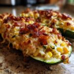 Close-up van een gegratineerde courgetteboot gevuld met ma&iuml;s, kaas en knapperige spekjes (Cheesy Bacon Corn Stuffed Zucchini Boats).