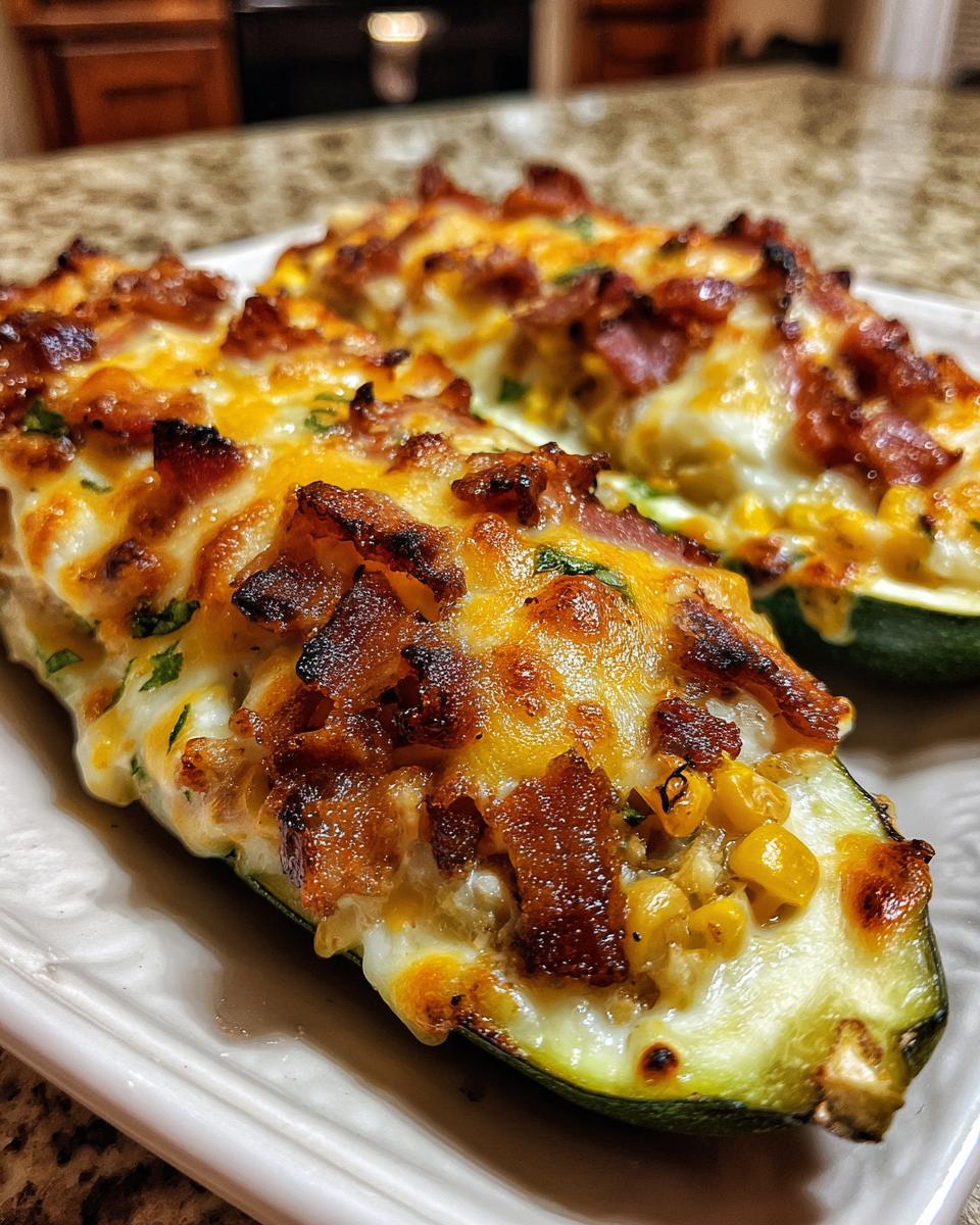 Twee gegratineerde courgettebootjes gevuld met maïs, spek en gesmolten kaas: Cheesy Bacon Corn Stuffed Zucchini Boats.