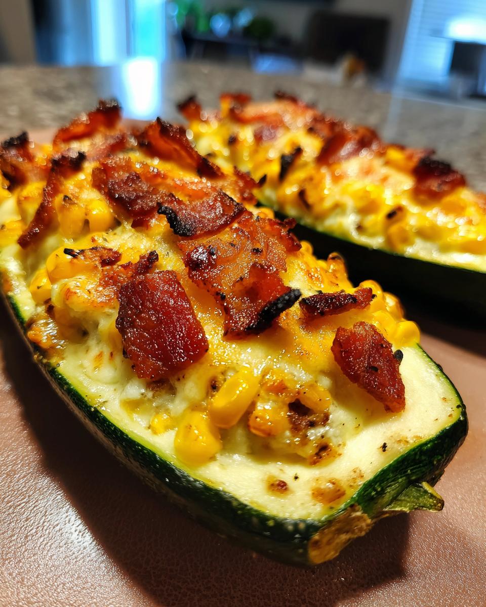 Close-up van een courgetteboot gevuld met maïs, gesmolten kaas en krokante stukjes spek: Cheesy Bacon Corn Stuffed Zucchini Boats.