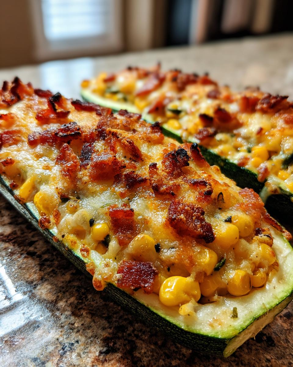 Close-up van twee Cheesy Bacon Corn Stuffed Zucchini Boats met gesmolten kaas en krokant spek.