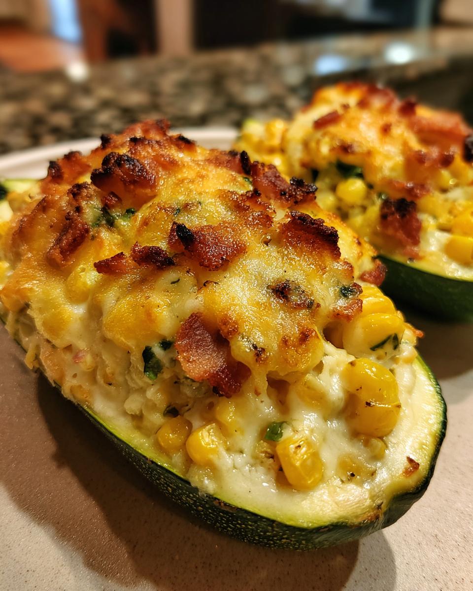 Close-up van Cheesy Bacon Corn Stuffed Zucchini Boats met een goudbruin gegratineerd kaaskorstje.