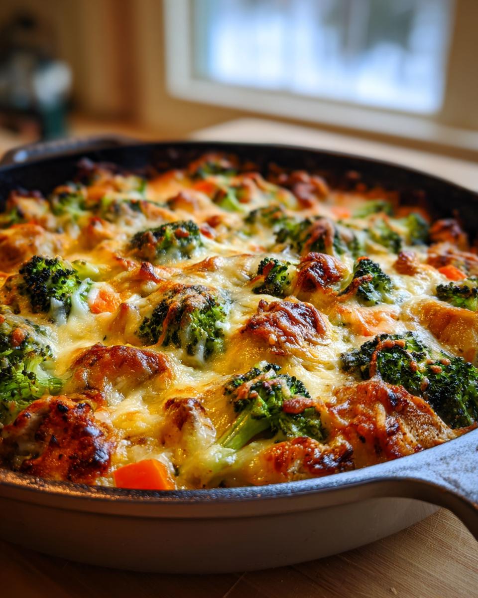 Close-up van een Cheesy Chicken And Vegetables Skillet met gesmolten kaas en broccoli in een pan.