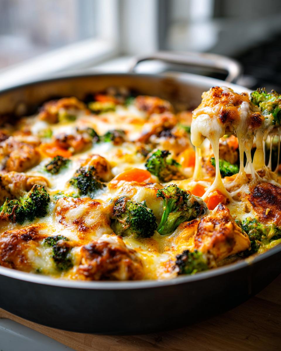 Een lepel met Cheesy Chicken And Vegetables Skillet, met lange draden gesmolten kaas die naar beneden druipen.